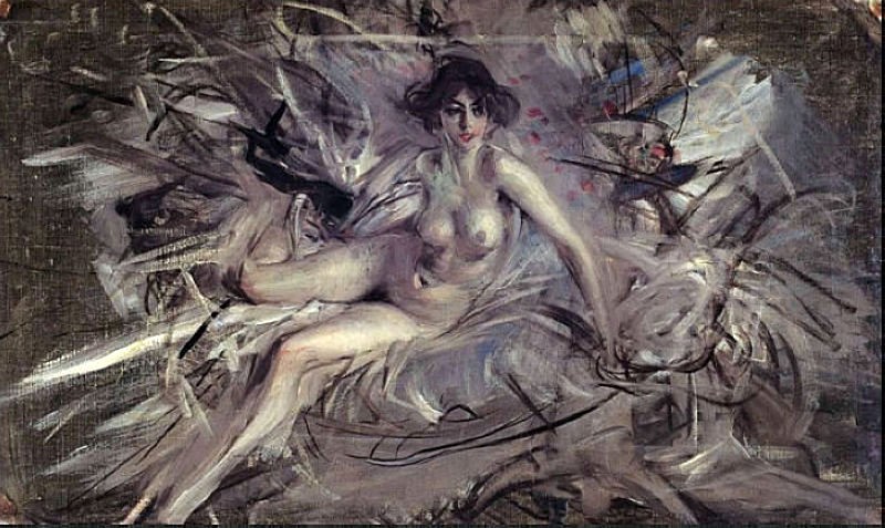 Nude of a young semi-reclining woman by Giovanni Boldini