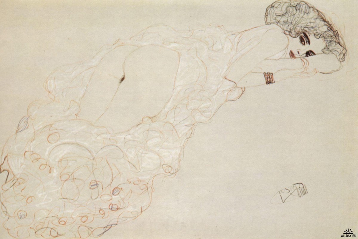 Reclining Nude Lying on Her Stomach and Facing Right by Gustav Klimt