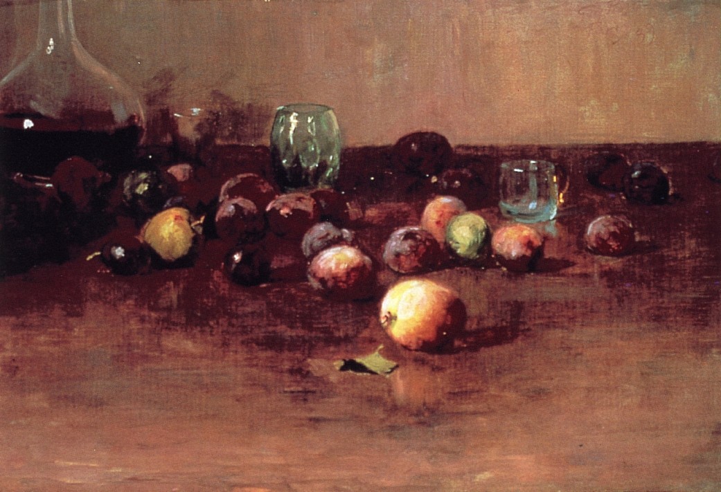 Plums, Waterglass and Peaches by Guy Rose