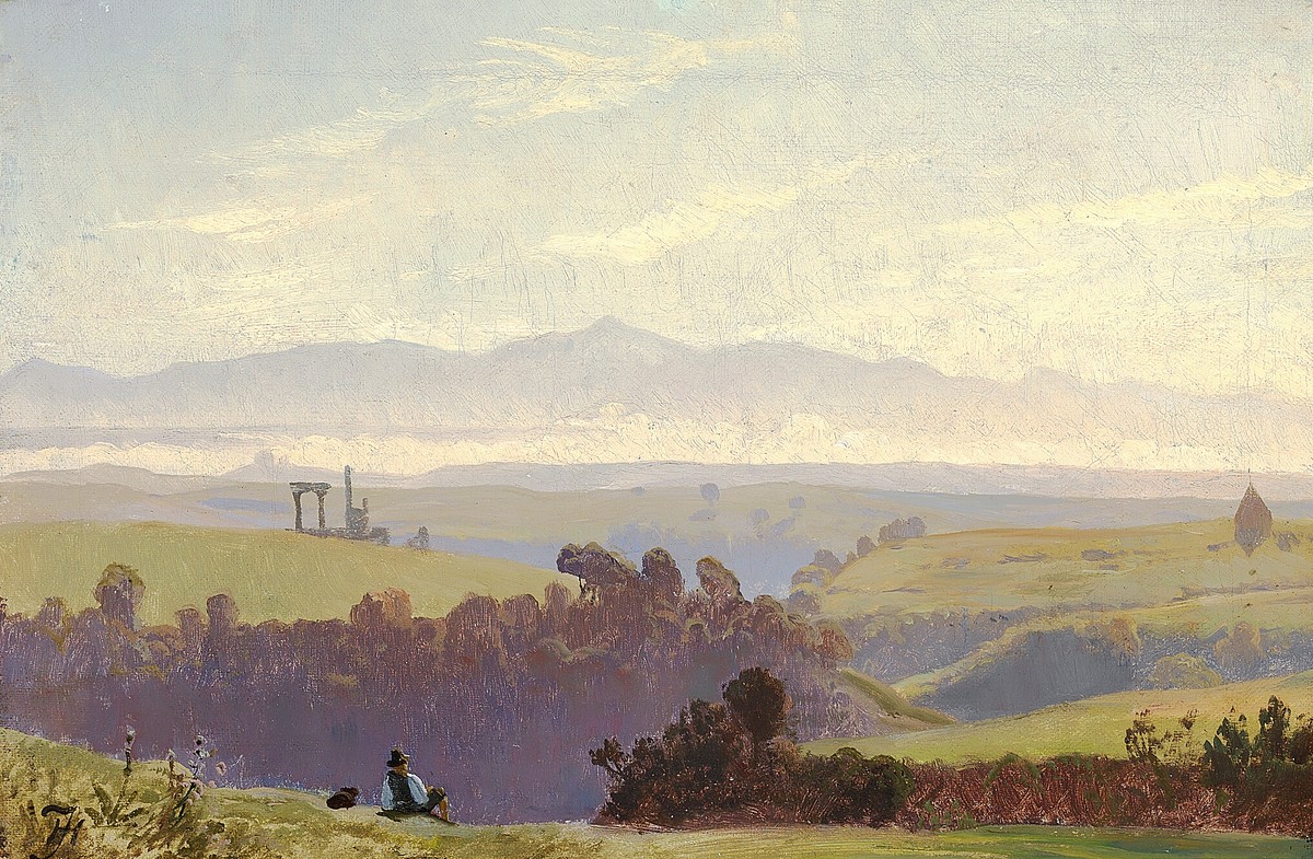 Italian landscape with a sitting shepherd by Harald Jerichau