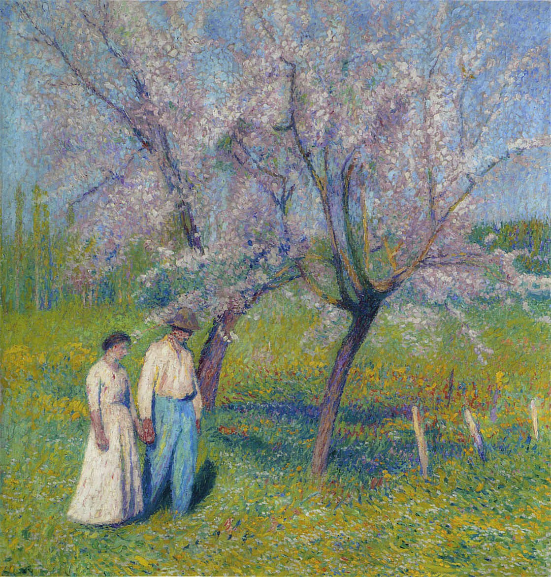Brides walk under the apple trees by Henri Martin