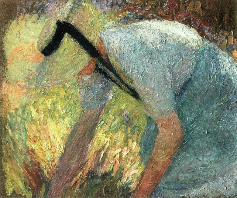 Woman in a Blue Apron and Straw Hat, Picking A Spray of Flowers by Henri Martin