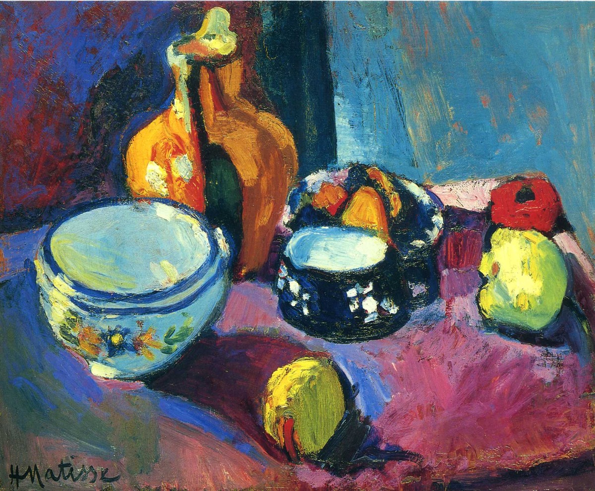 Dishes and Fruit on a Red and Black Carpet by Henri Matisse