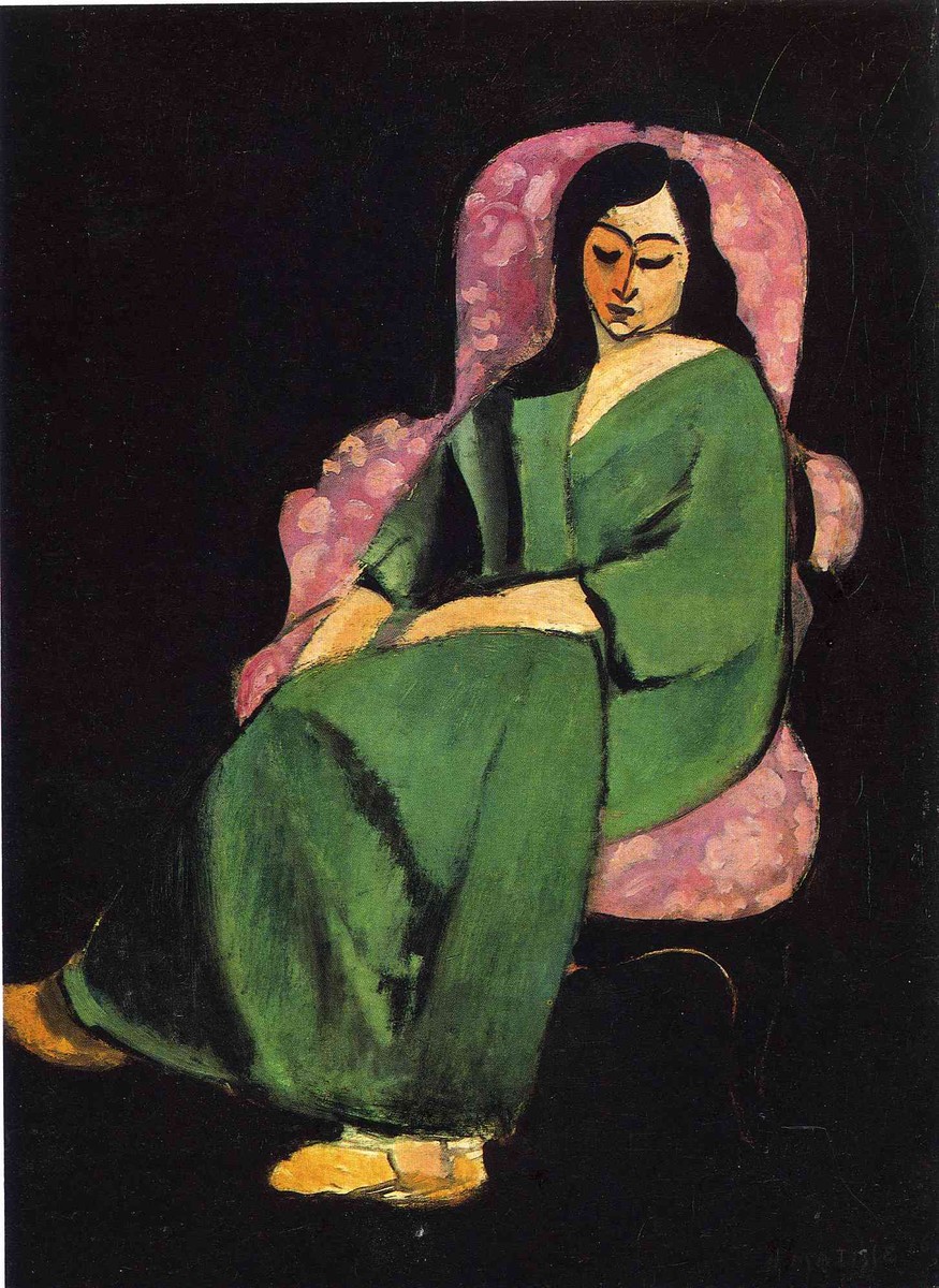 Lorette in a Green Robe against a Black Background by Henri Matisse
