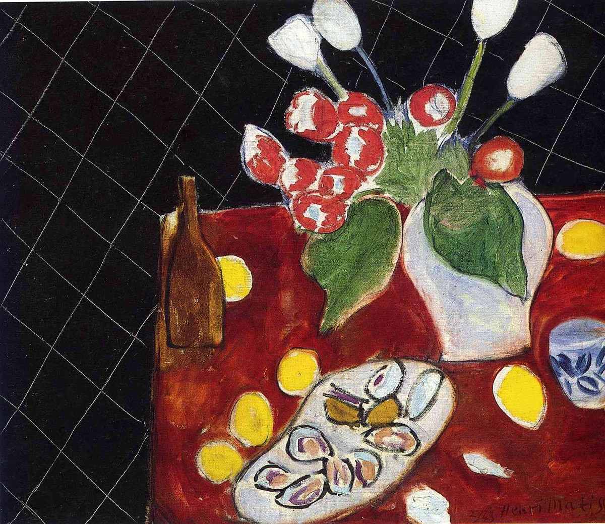 Tulips and oysters on a black background by Henri Matisse