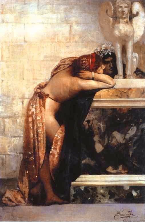 Two Figures by a Statue of Sphinx (study) by Henryk Siemiradzki