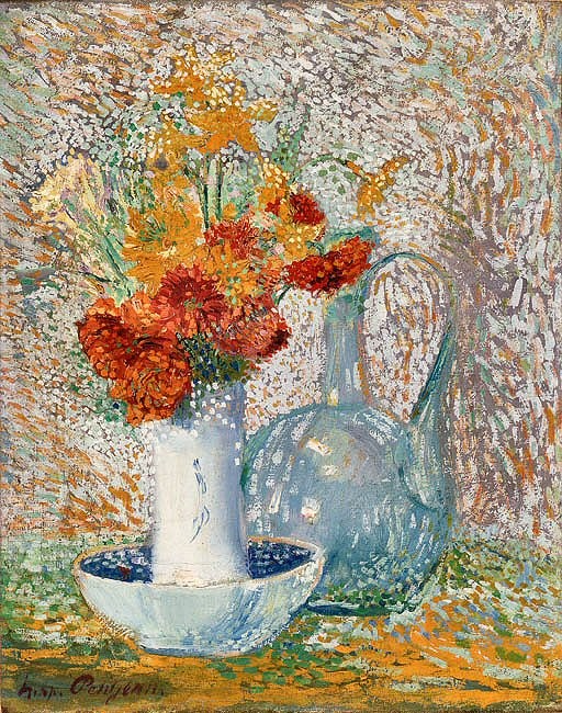 Still Life with Pitcher and Vase of Flowers by Hippolyte Petitjean