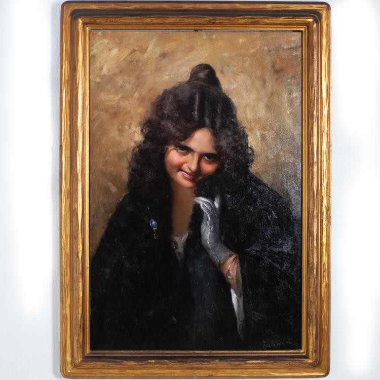 A portrait of a smiling woman wearing a fur coat by Ignacio Zuloaga
