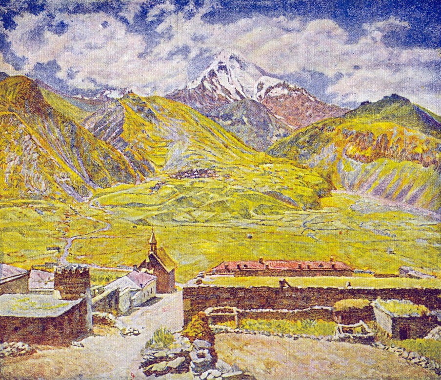 Georgia. Kazbek (day). Georgian Military Road. Mountain and village by Ilya Mashkov