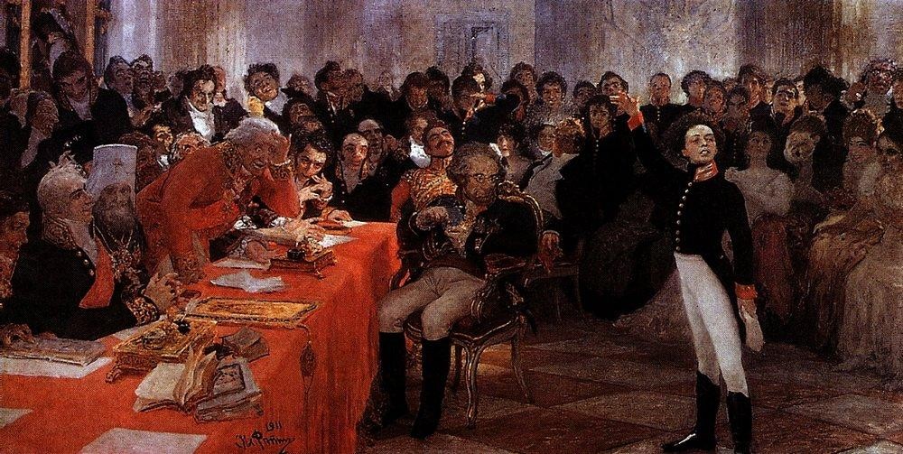 A. Pushkin on the act in the Lyceum on Jan. 8, 1815 reads his poem memories in Tsarskoe Selo by Ilya Repin