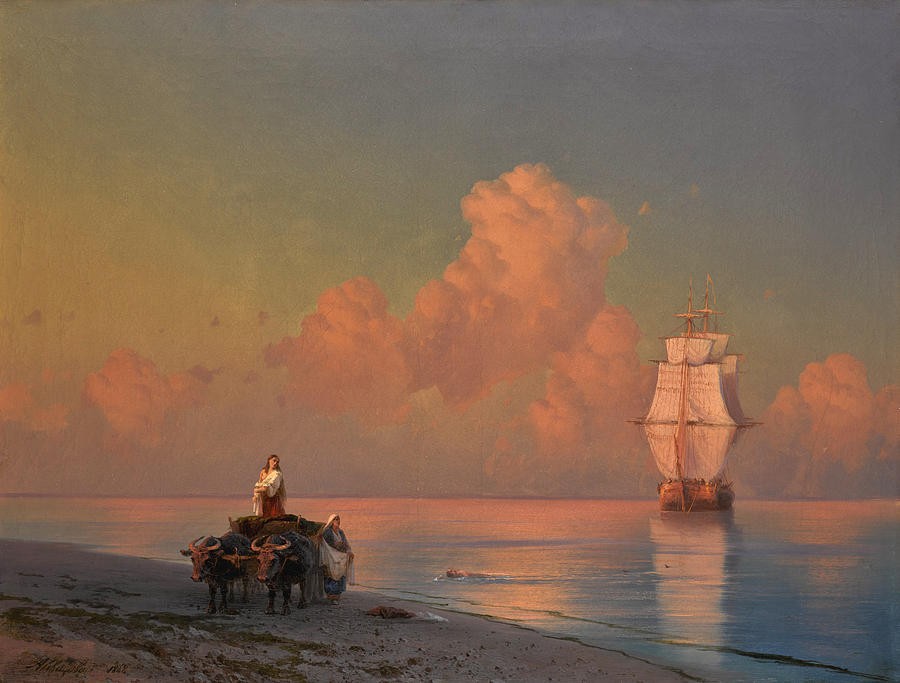 An Ox Drawn Cart on the Shore and a Swimmer in the Shallows by Ivan Aivazovsky