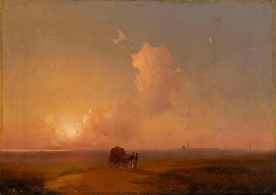 Camel Cart at Sunset in a Coastal Landscape by Ivan Aivazovsky