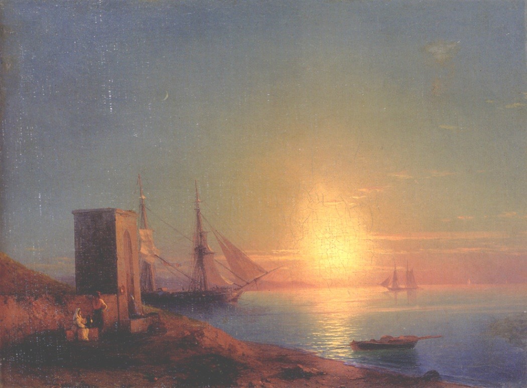 Figures In A Coastal Landscape At Sunset by Ivan Aivazovsky
