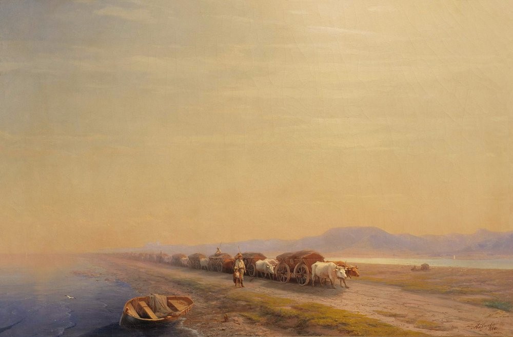 Ox train on the sea shore by Ivan Aivazovsky
