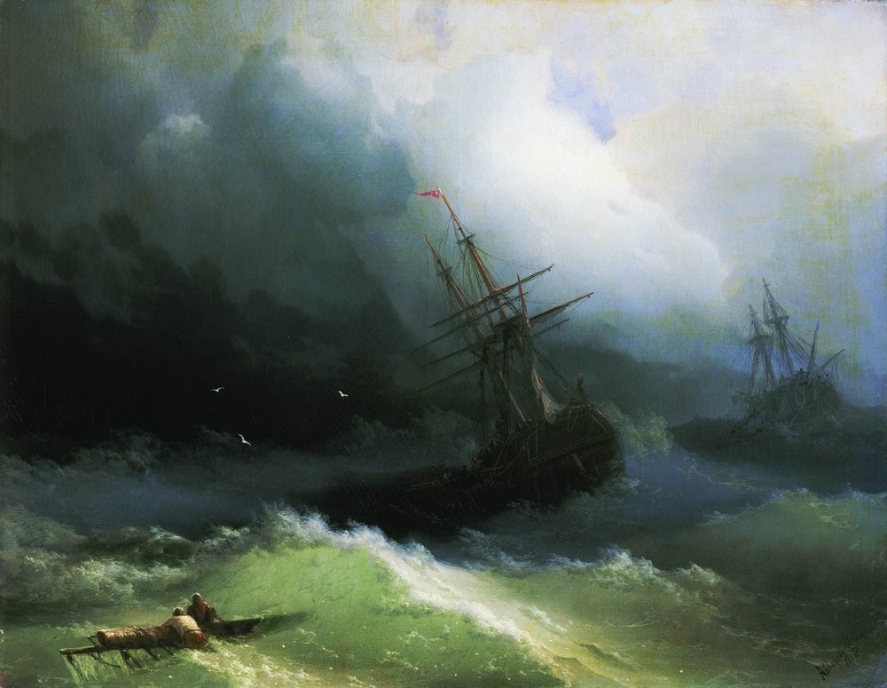 Ships in the stormy sea by Ivan Aivazovsky