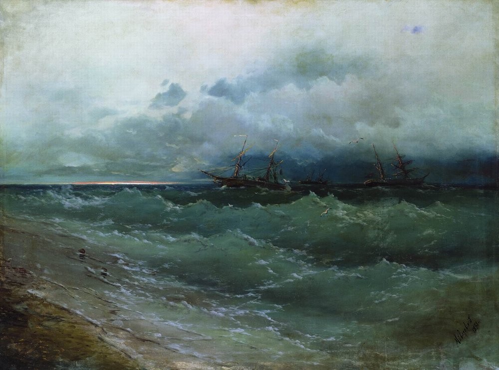 Ships in the stormy sea. Sunrise by Ivan Aivazovsky