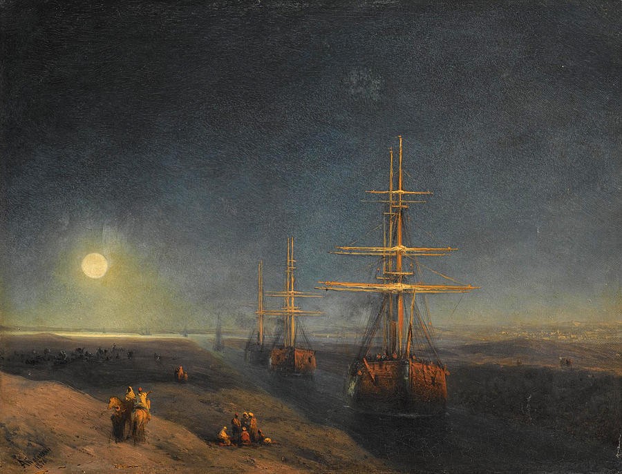 Ships Passing Through a Canal in Moonlight by Ivan Aivazovsky