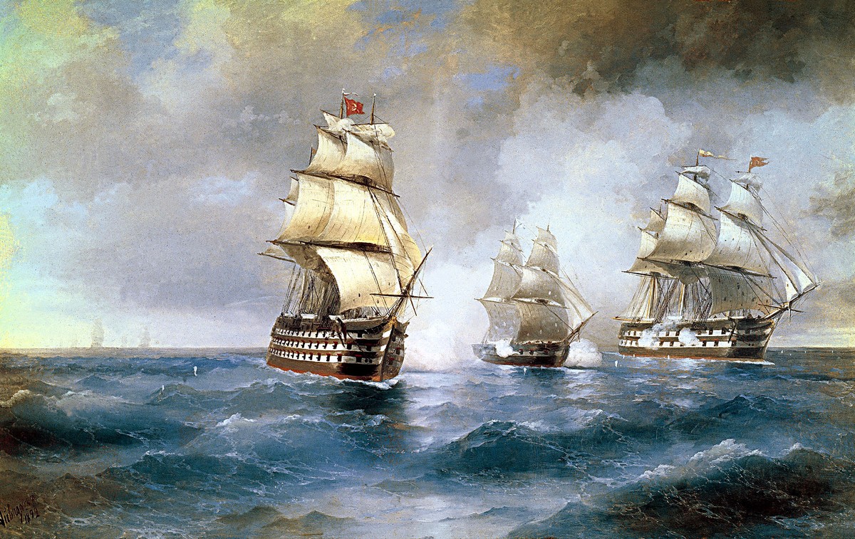 The brig "Mercury" was attacked by two Turkish ships by Ivan Aivazovsky