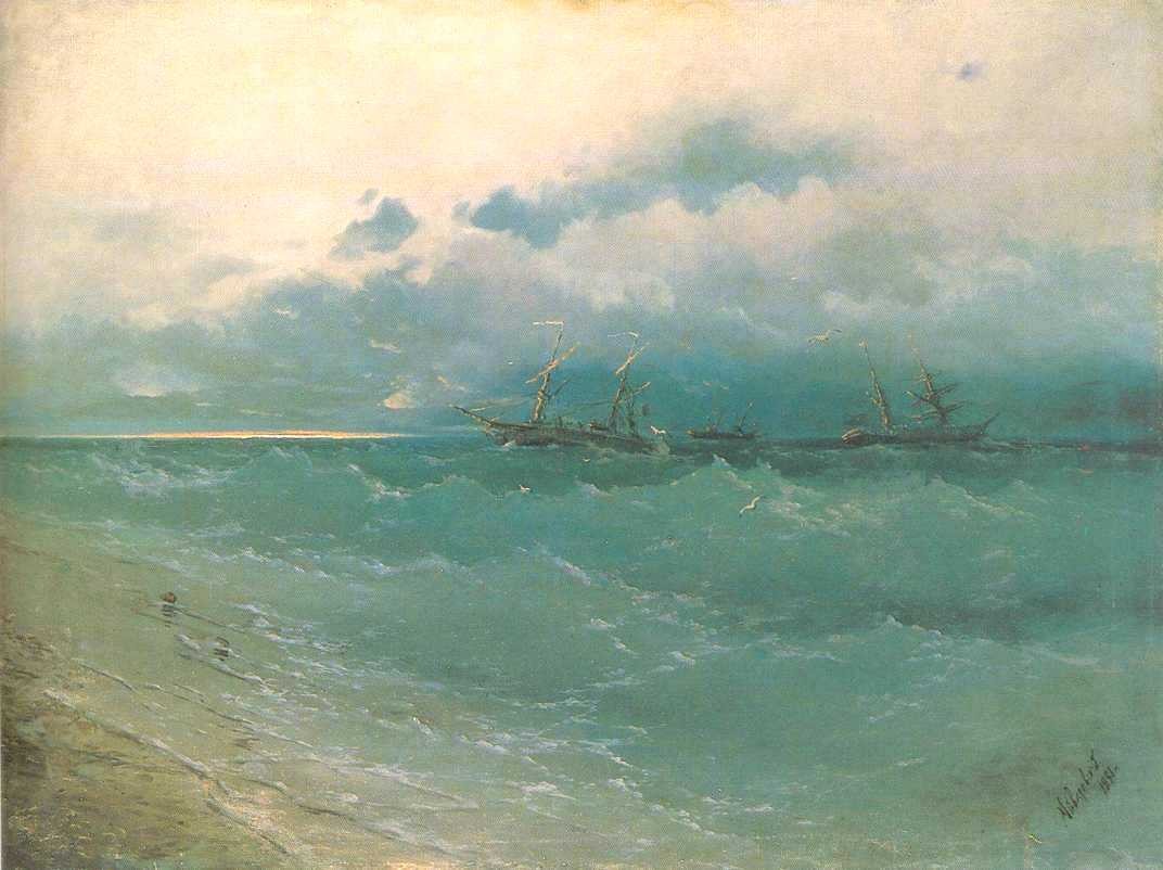The ships on rough sea, sunrise by Ivan Aivazovsky