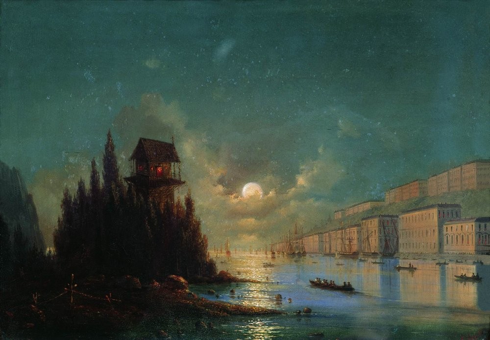 View of seaside town in the evening with a lighthouse by Ivan Aivazovsky