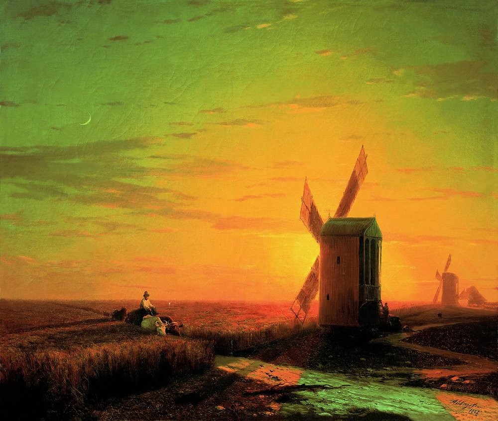 Windmills in the Ukrainian steppe at sunset by Ivan Aivazovsky