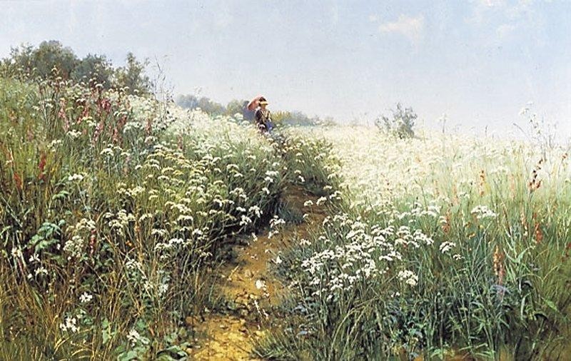A woman under an umbrella on a flowering meadow by Ivan Shishkin