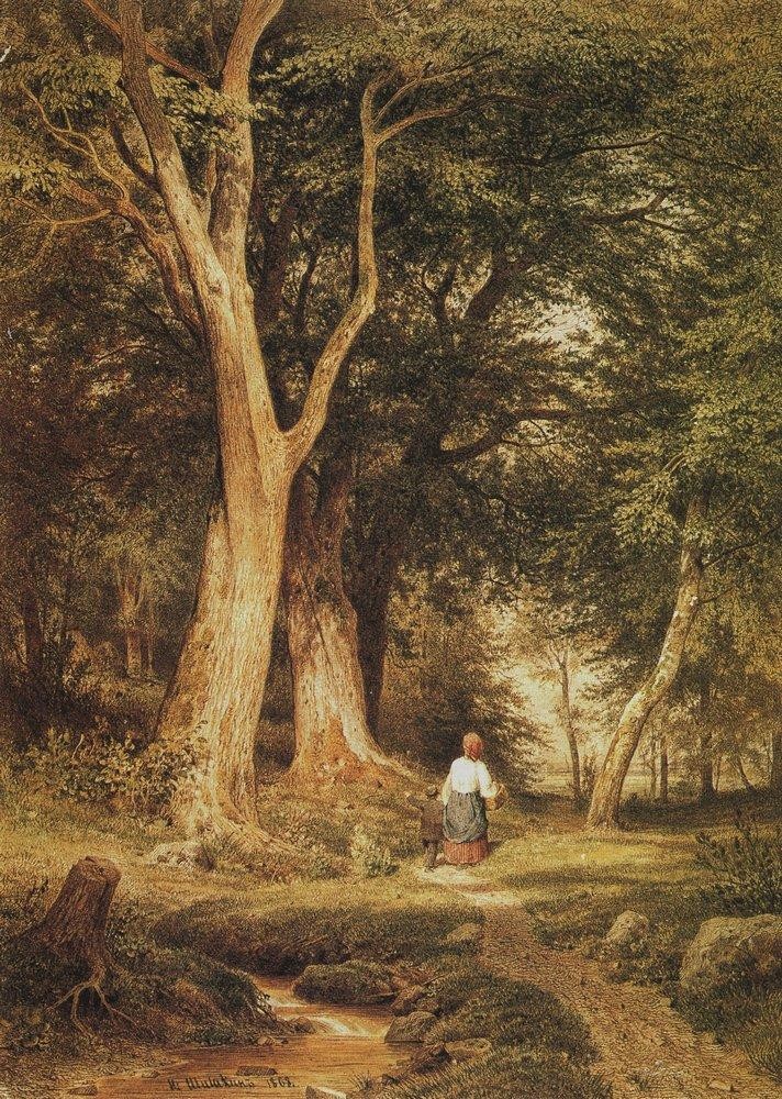 A woman with a boy in the forest by Ivan Shishkin