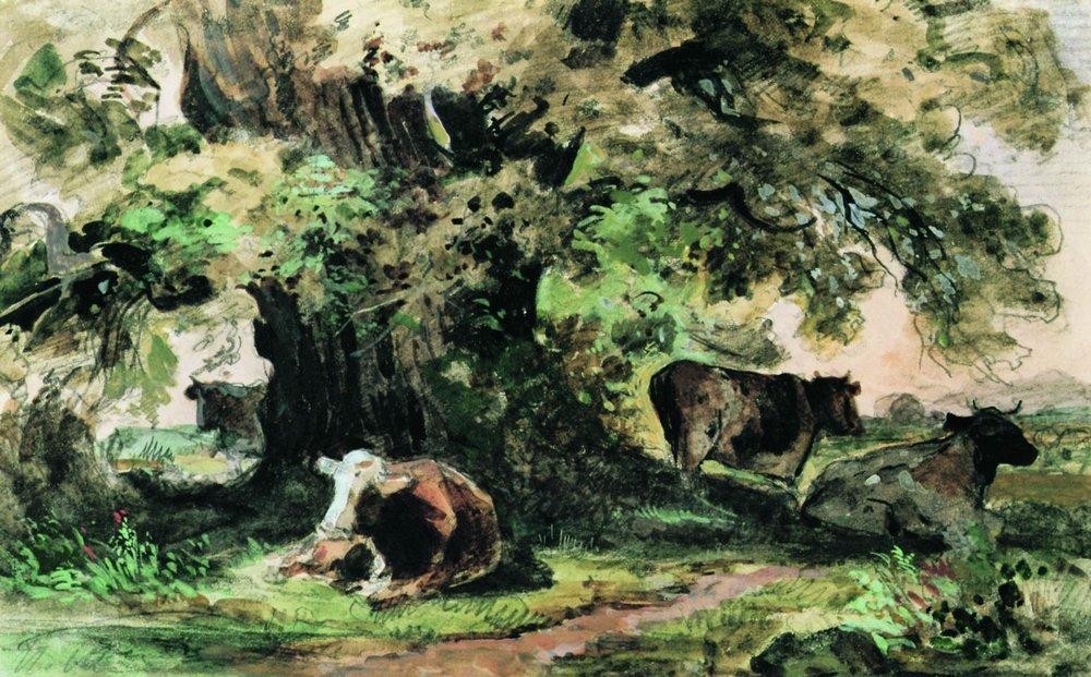 Cows under the oak by Ivan Shishkin