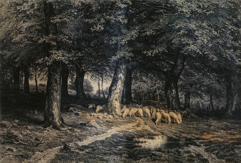 Herd of sheep in the forest by Ivan Shishkin