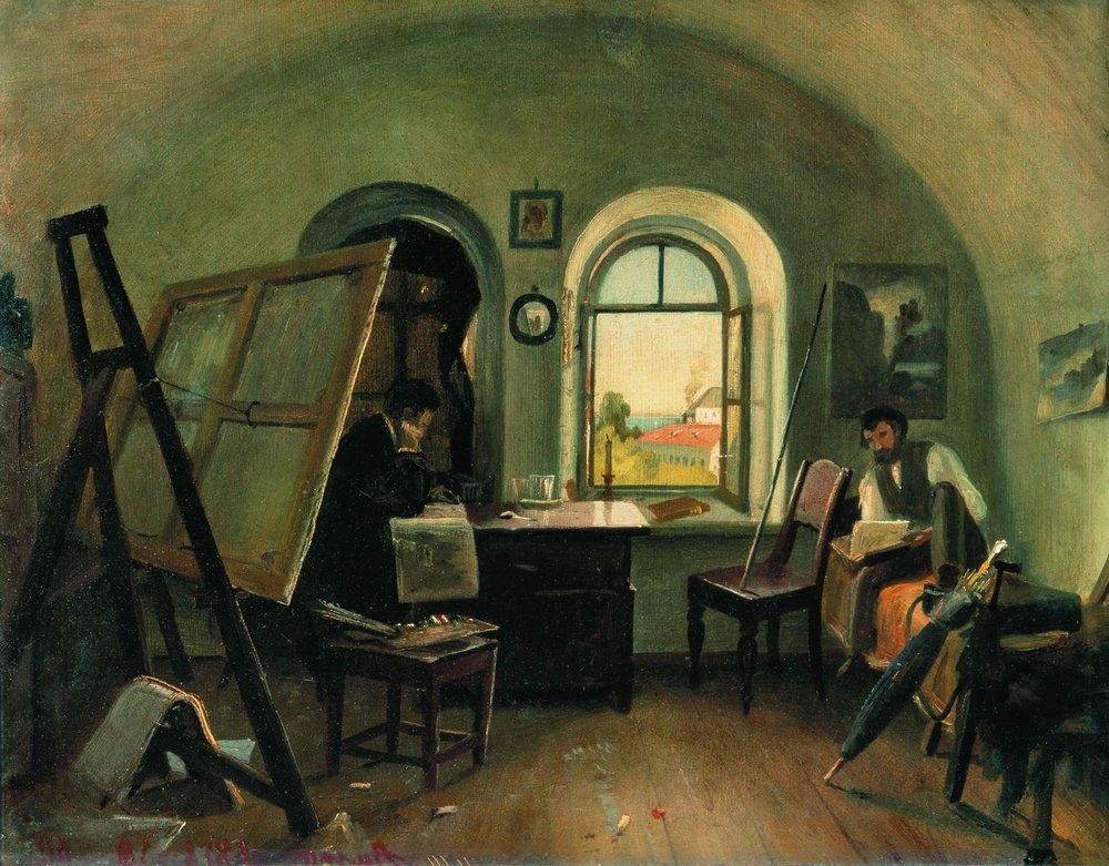 Ivan Shishkin and A. Guinet in the studio on the island of Valaam by Ivan Shishkin