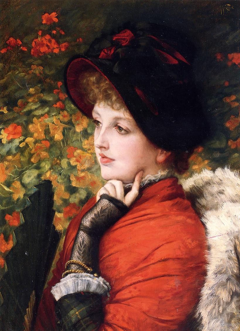 Type of Beauty: Portrait of Mrs. Kathleen Newton in a red dress and black bonnet by James Tissot