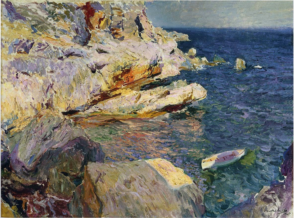 Rocks and white boat, Javea by Joaquín Sorolla
