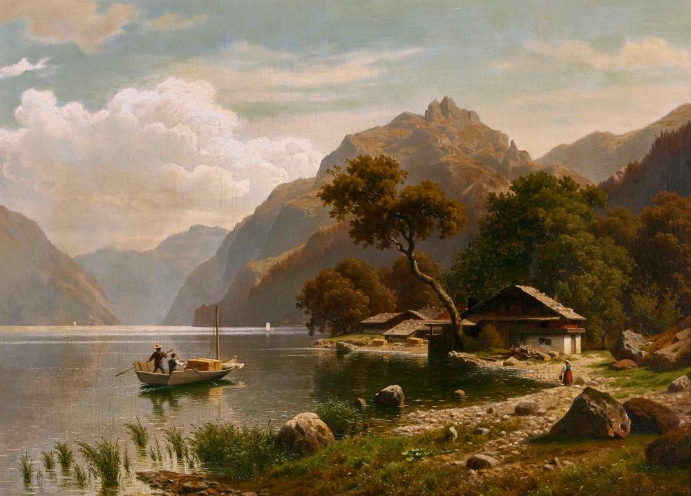 Seelandschaft mit Boot und Bergen by Johann Joseph Jansen