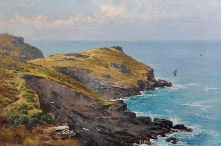 A Rocky Coastal Scene with Shipping, and Gulls in the foreground by John Brett