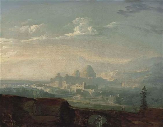 An extensive mountainous landscape with a classical city, figures on a bridge in the foreground by John Martin