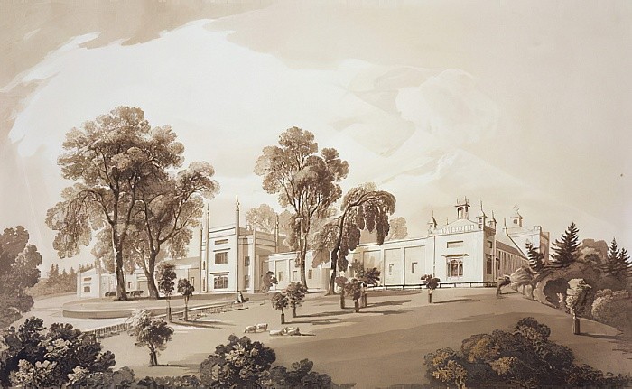View of the Farm House with Screen to Stables and Farm Buildings to Sezincote House by John Martin