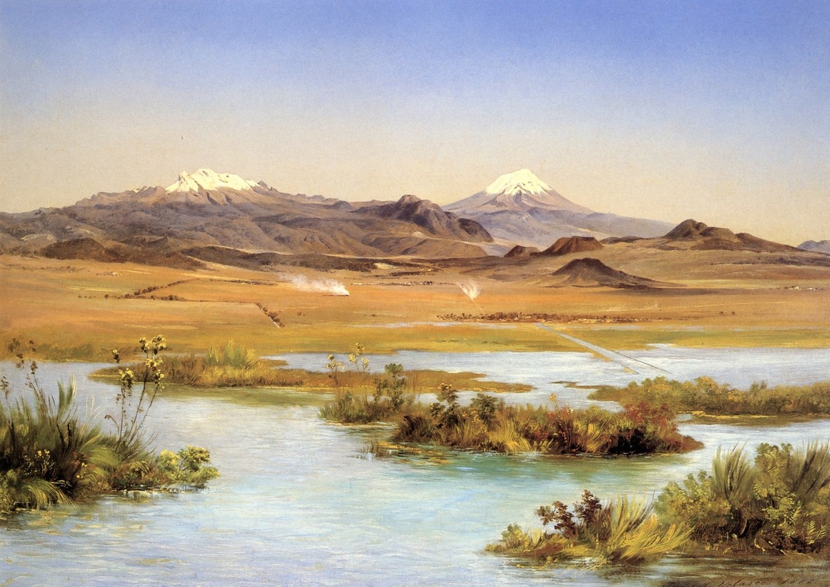 El Popocatépetl y el Iztaccíhuatl desde el lago de Chalco by Jose Maria Velasco