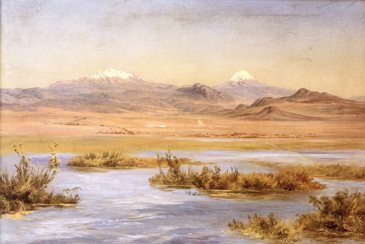 El Popocatépetl y el Iztaccíhuatl desde el lago de Chalco by Jose Maria Velasco