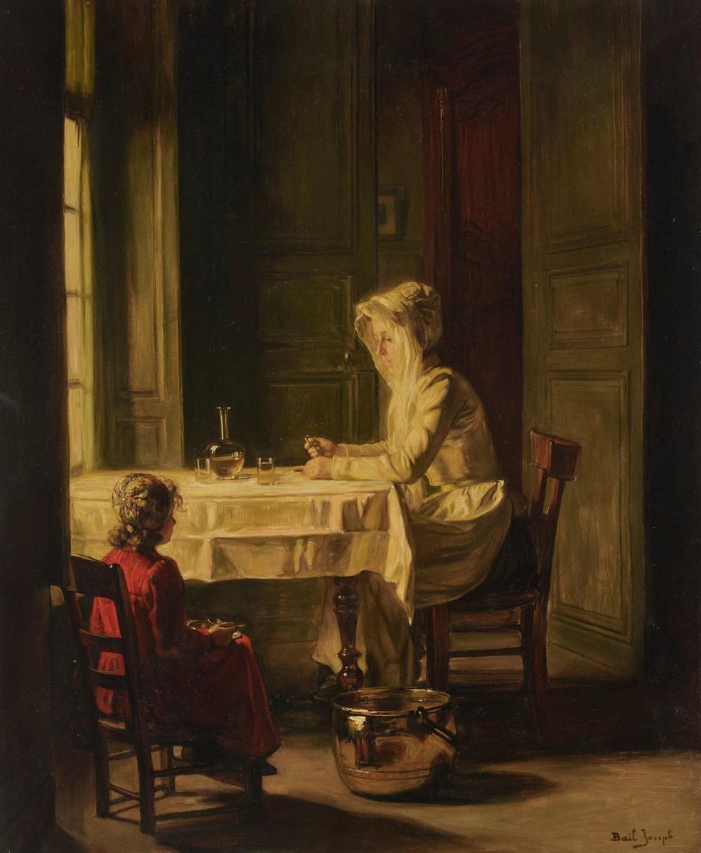 Femme et enfant à table by Joseph Bail