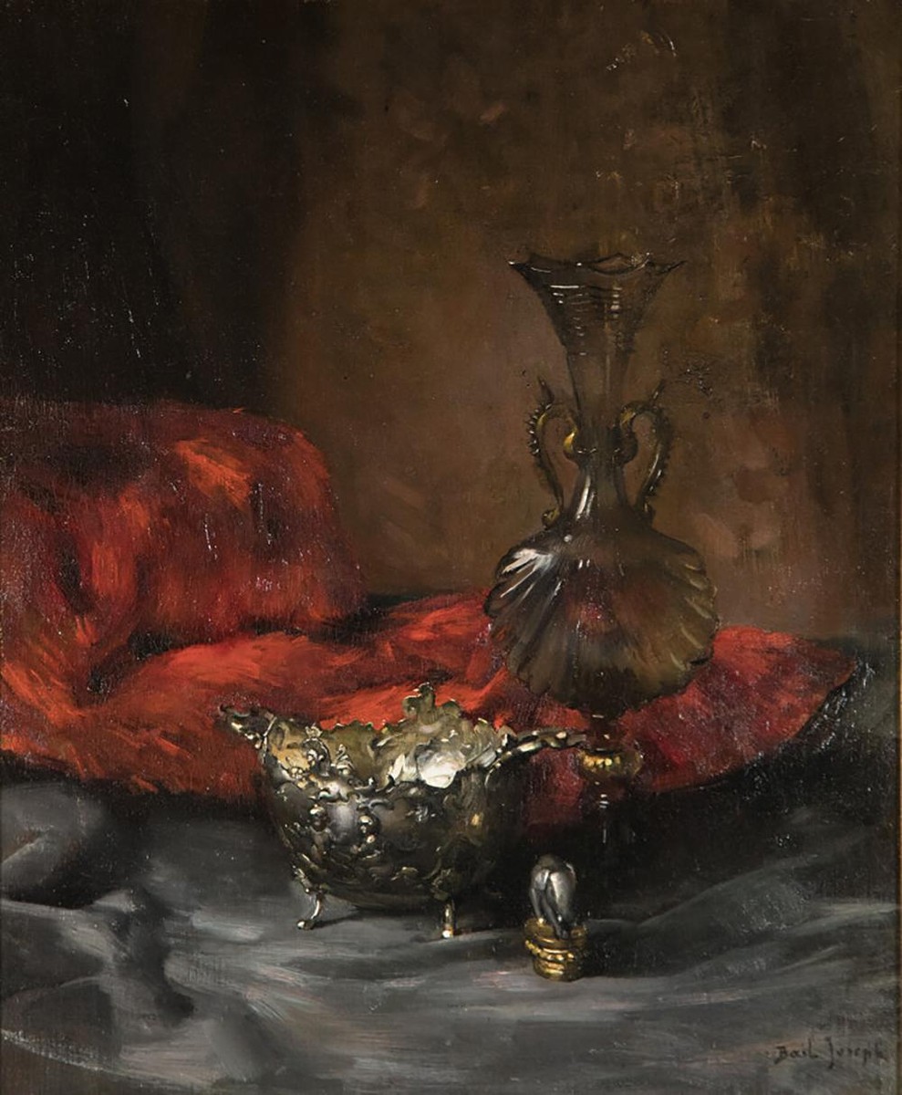 Nature morte au sucrier d'argent, cachet, flacon et châle rouge by Joseph Bail