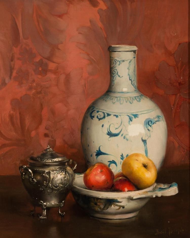 STILL LIFE: APPLES IN A PORCEAIN DISH, A BLUE AND WHITE VASE, AND A SILVER SUGAR BOWL by Joseph Bail