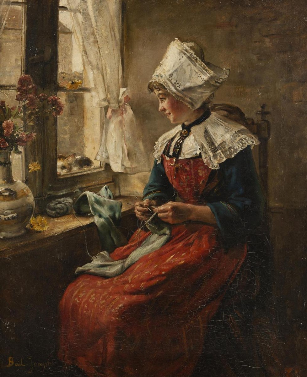 Young girl sewing near a window by Joseph Bail