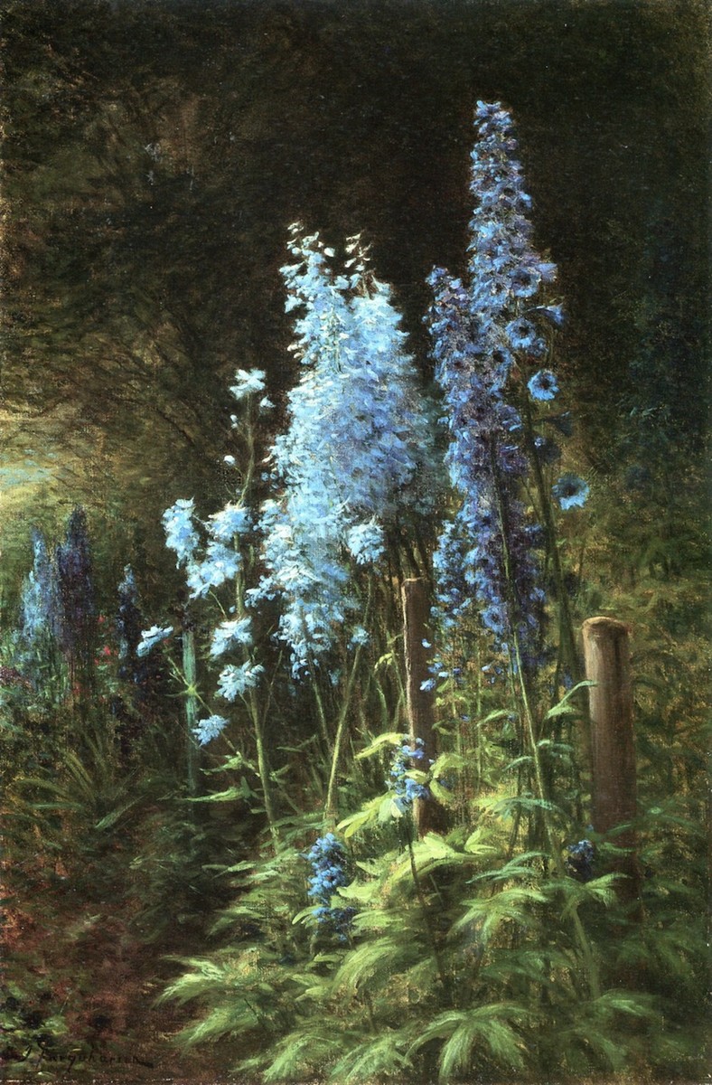 Delphiniums in a Wooded Landscape by Joseph Farquharson