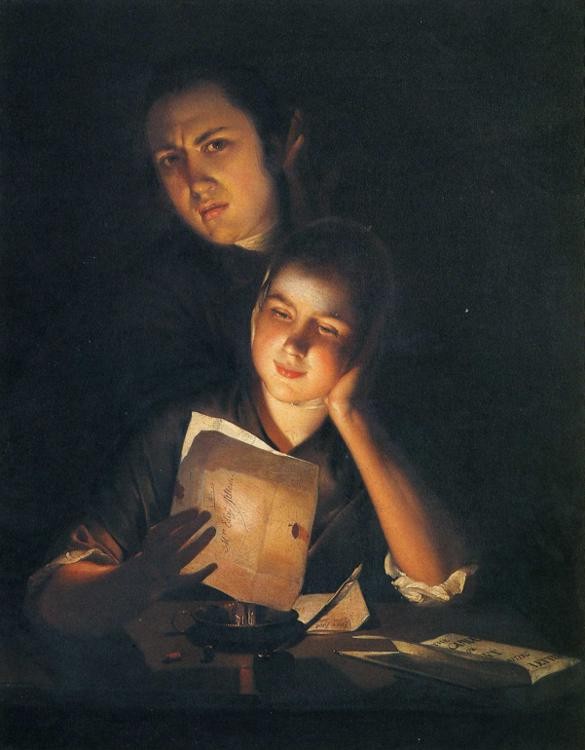 A Girl reading a letter by Candlelight, with a Young Man peering over her shoulder by Joseph Wright