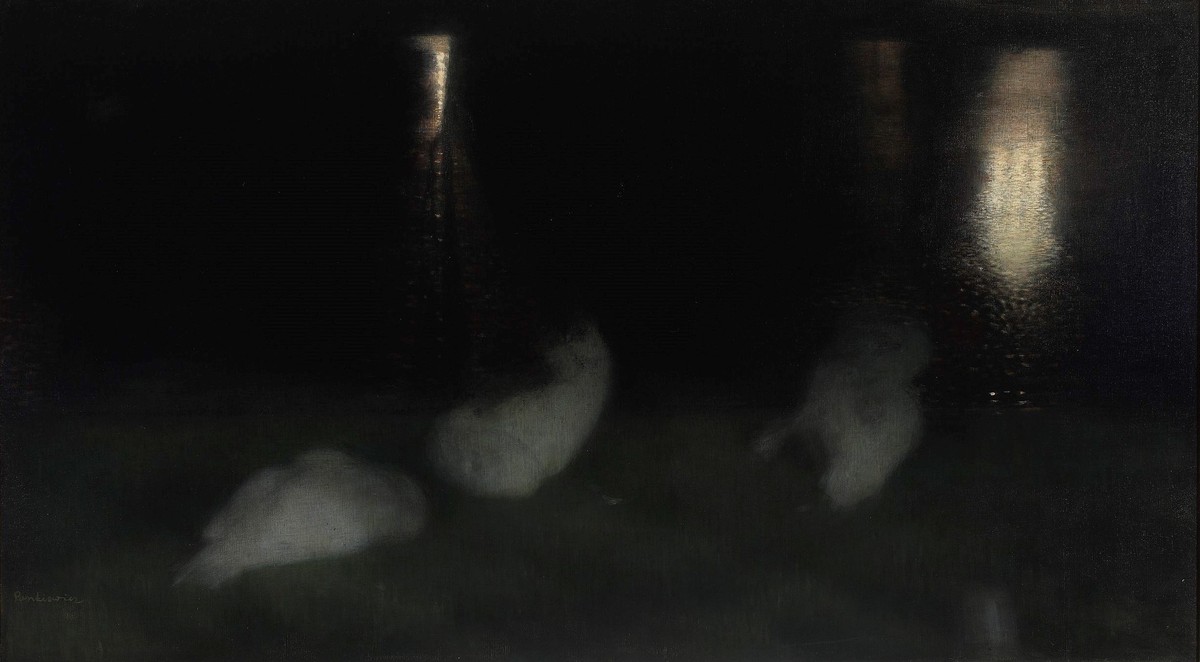 Nocturne – Swans in the Saxon Garden in Warsaw by Night by Józef Pankiewicz