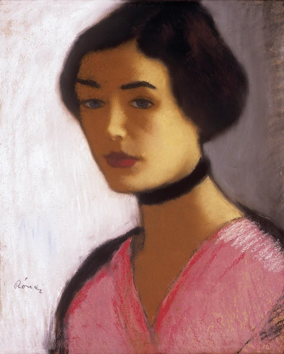 Woman in ink Dress and Black Collar by Jozsef Rippl-Ronai