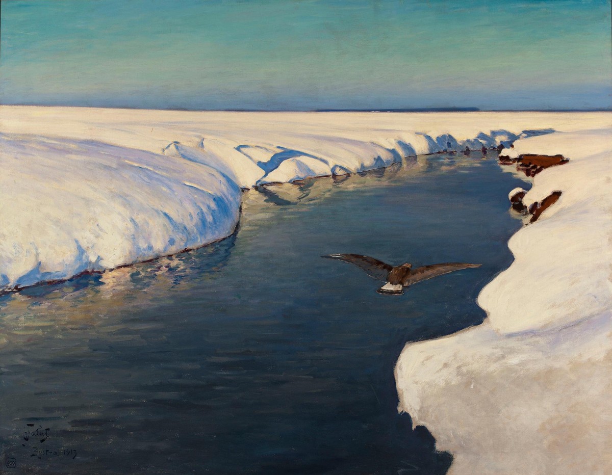 Winter Landscape With River And Bird by Julian Fałat