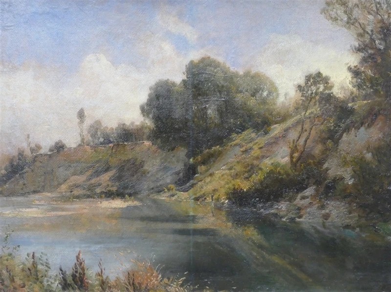 Flusslandschaft mit bewaldetem Ufer by Julius Lange