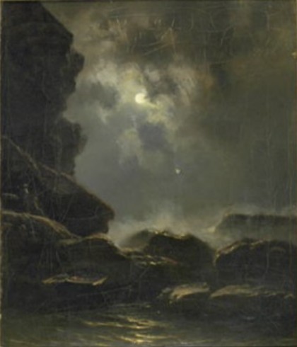 Rocky coastal landscape with moonlight by Knud Baade