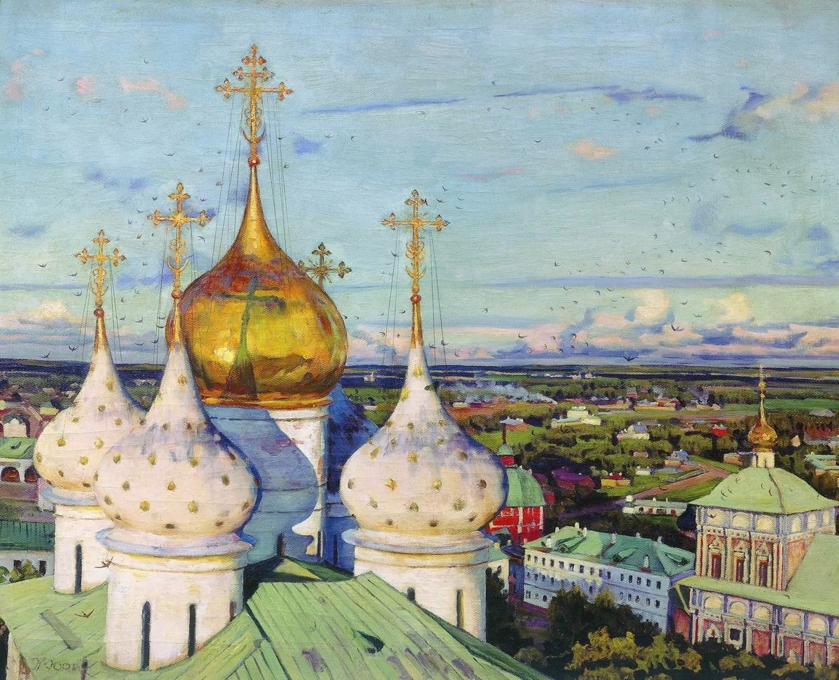 Domes and swallows. Assumption Cathedral of the Trinity Sergius Lavra by Konstantin Yuon